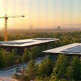 Green building site with solar panels and eco landscaping